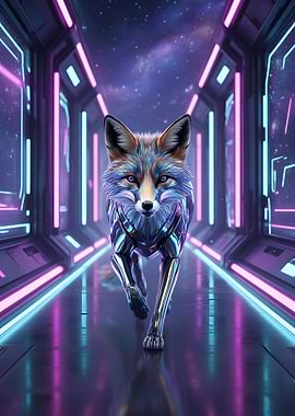 Cyberpunk Fox in Neon Corridor