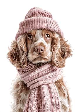 Cozy Cocker Spaniel with Hat and Scarf