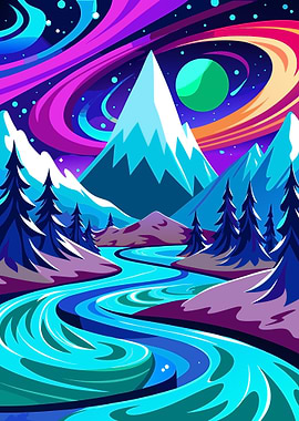 Surreal Cosmic Landscape with Mountain and River Metal Wall Print Art