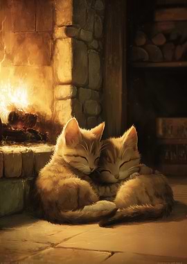 Cozy Kittens by the Fireplace