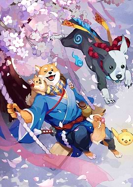 Dog Samurai Cherry Blossoms