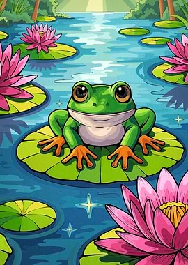 Frog on Lily Pad Cartoon