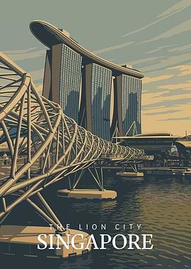 Singapore Travel Poster: Helix Bridge & Marina Bay Sands Art