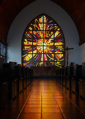 Stained Glass Window in Church Interior