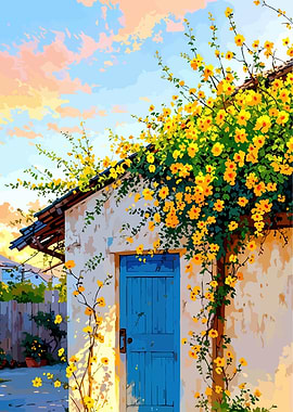 Blue Door with Yellow Flowers