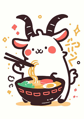 Cute Goat Eating Ramen Illustration