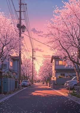 Spring Cherry Blossom Street at Sunset