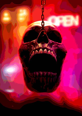 Hanging Skull with Open Sign