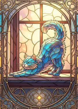 Stained Glass Cat Stretching by Window