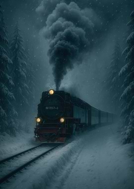 Steam Train in Winter Forest
