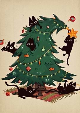 Black Cats Decorating Christmas Tree