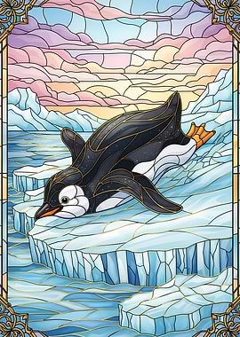 Stained Glass Penguin on Ice