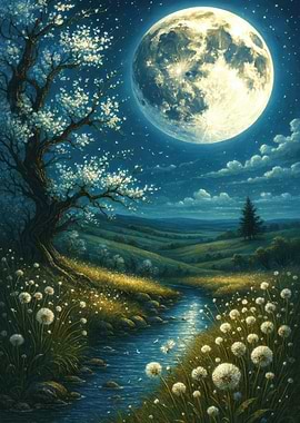 Moonlit Landscape with Stream and Dandelions
