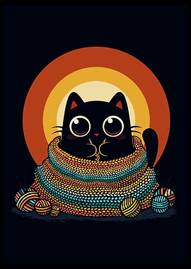 Cozy Knitted Black Cat - Kawaii Cute Yarn Hygge Art