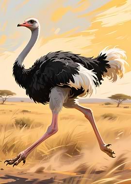Ostrich Running in Savannah Landscape