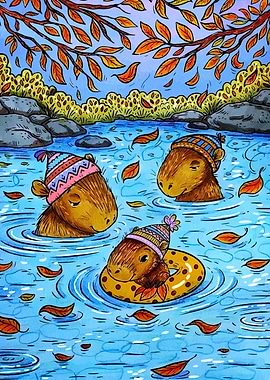 Capybaras in Autumn River