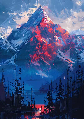 Mountain Landscape Painting with Red Peak