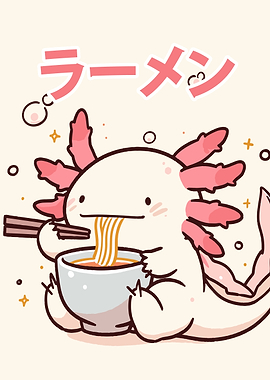 Axolotl eating ramen illustration
