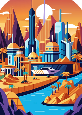 Retro-Futuristic Cityscape Travel Poster Illustration Metal Wall Print Art
