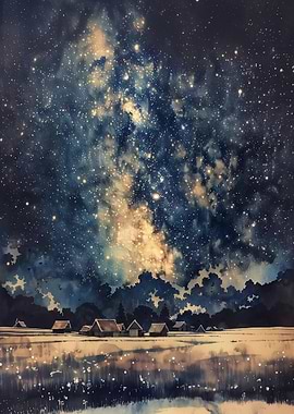Starry Night Village Watercolor Painting