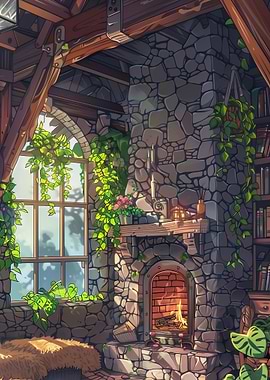 Cozy Stone Fireplace Interior with Plants