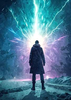 Man standing outer space with light burst