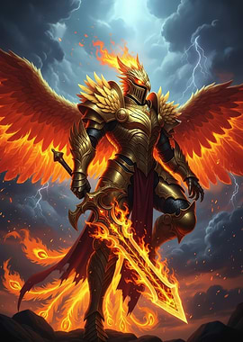 Fiery Winged Knight with Flaming Sword