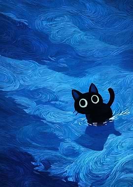 Black Cat Swimming in Blue Waves