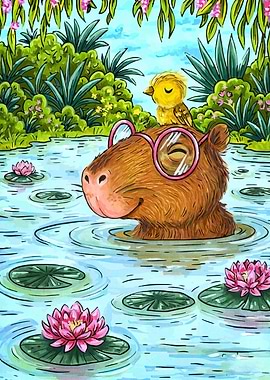 Capybara with bird in water