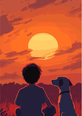 Boy and Dog Watching Sunset