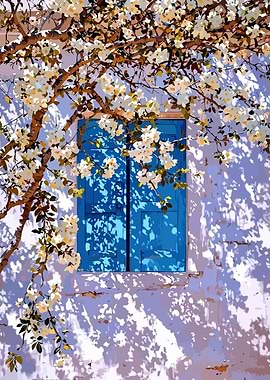 Blue Window with Blossoms