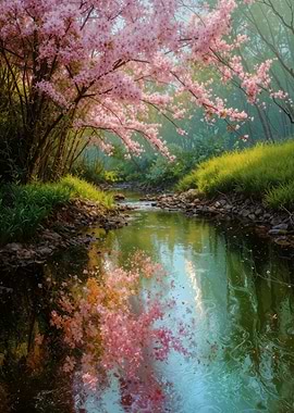 Cherry Blossoms Reflecting in Stream