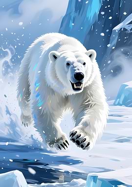 Charging Polar Bear in Arctic Landscape