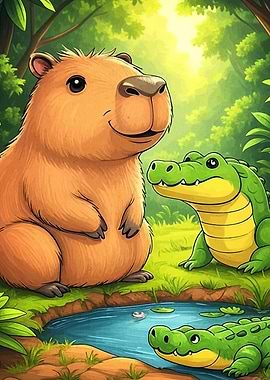 Capybara and Alligators Cartoon Illustration