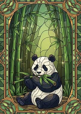 Panda in Bamboo Forest Stained Glass