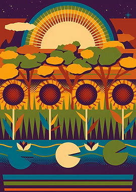 Stylized Sunflower Field Landscape Illustration