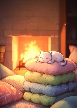 Cozy Cat Nap by the Fireplace