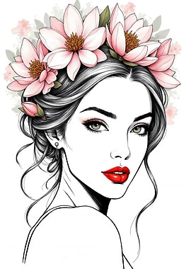 Floral Woman Portrait with Pink Lotus Crown