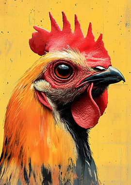 Rooster Portrait on Yellow Background