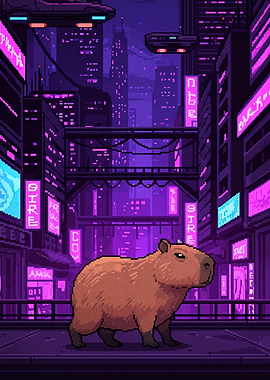 Capybara in Cyberpunk Cityscape Pixel Art