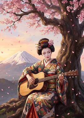 Geisha playing guitar under cherry blossom