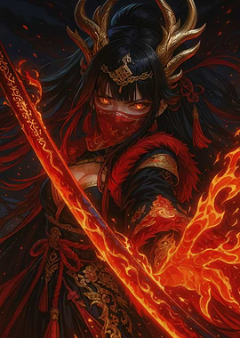 Fiery Warrior Woman with Sword