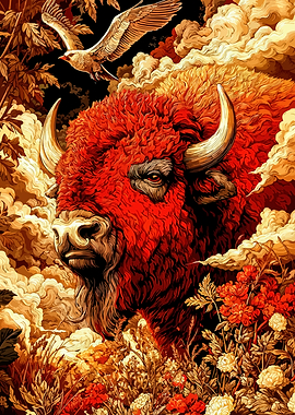Red Buffalo and Eagle Art