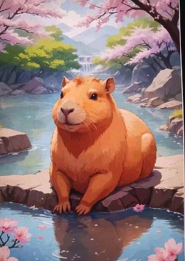 Capybara in a Cherry Blossom Landscape