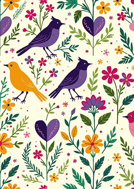 Flowers and birds and love - St. Valentines Day pattern