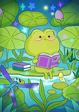 Frog Reading Book Pond