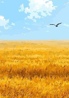 Golden Field with Bird Digital Art
