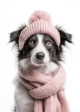 Cozy Border Collie in Pink Hat and Scarf