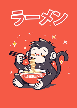 Monkey eating ramen illustration