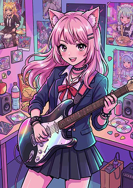 Anime Cat Girl with Guitar